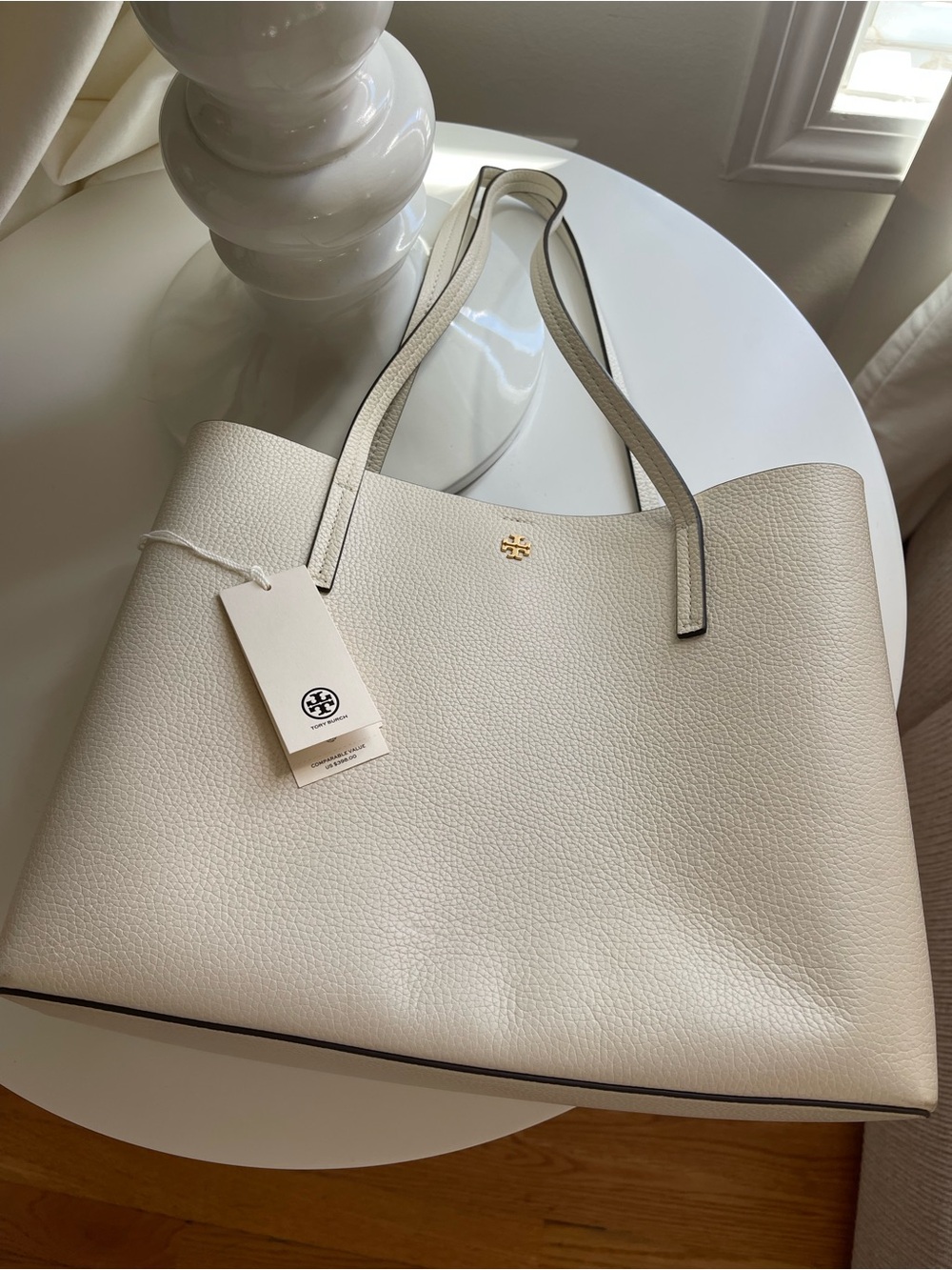 Tory Burch Ivory Pebbled Leather Tote with Gold Logo